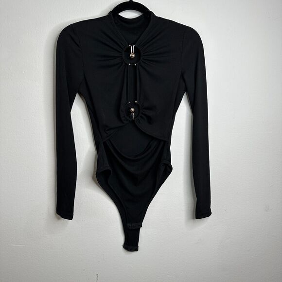 Sophie Anne Keyhole Black Bodysuit Gold Tone Hardware Long Sleeve Rib Knit 2 - Picture 14 of 14